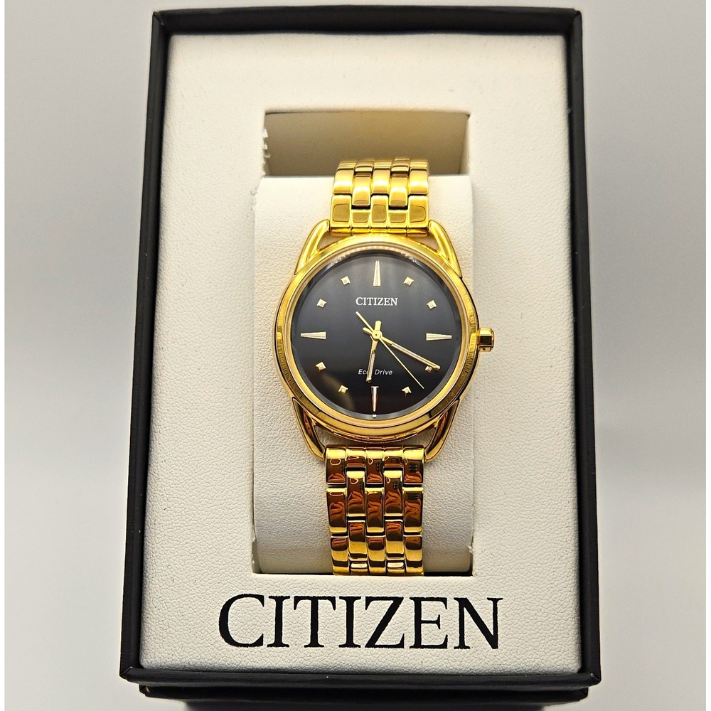 NIB Womens Citizen FE7092-50E Eco-Drive Goldtone 38mm Watch. SS Band, Quartz Mvt